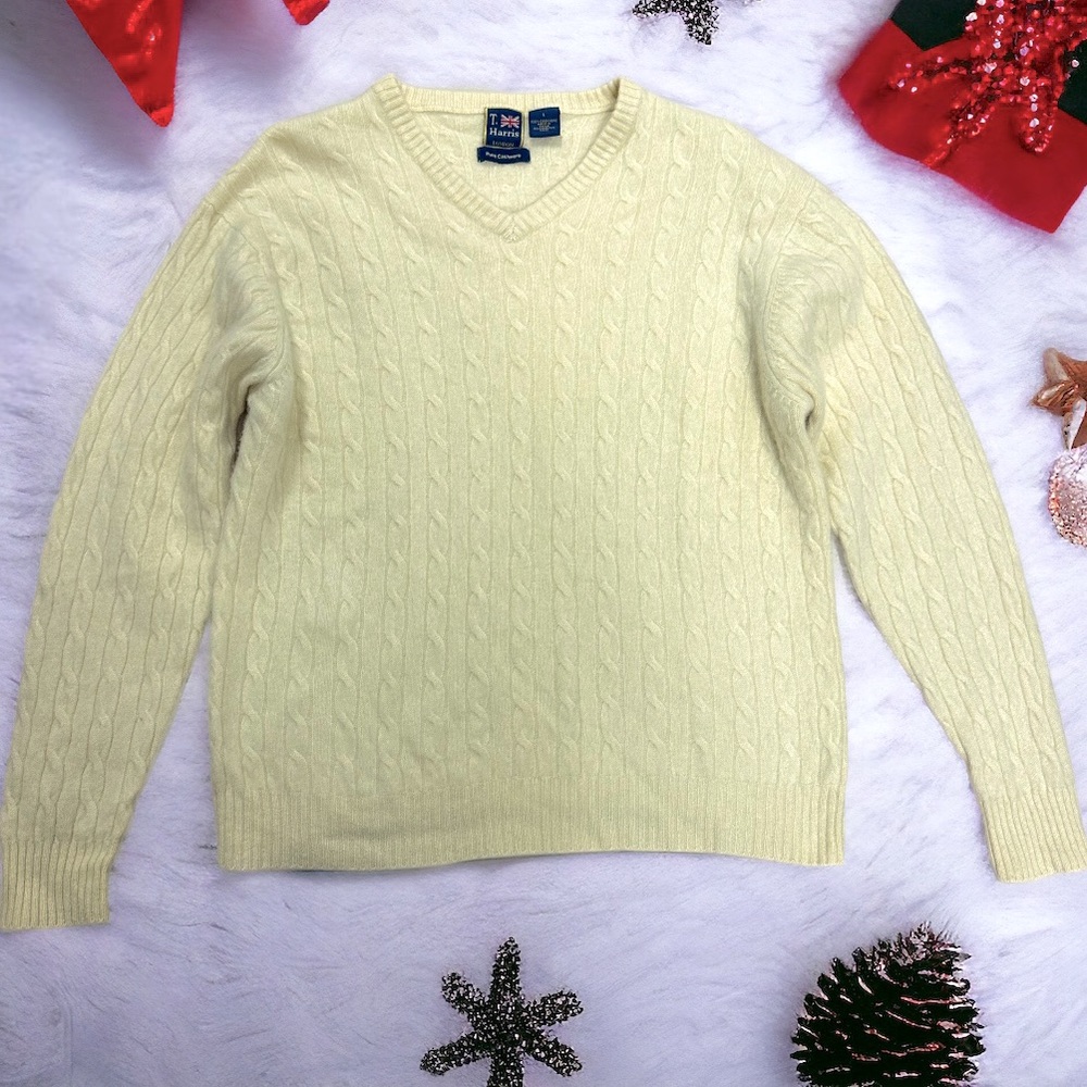 T. Harris Large Cream 100% Cashmere V-Neck Cable Knit Cream Sweater